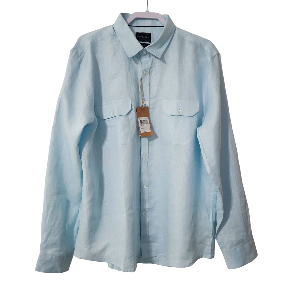 NWT Stitch Note Light Blue European Linen Button Up Shirt Long Sleeve Mens XL